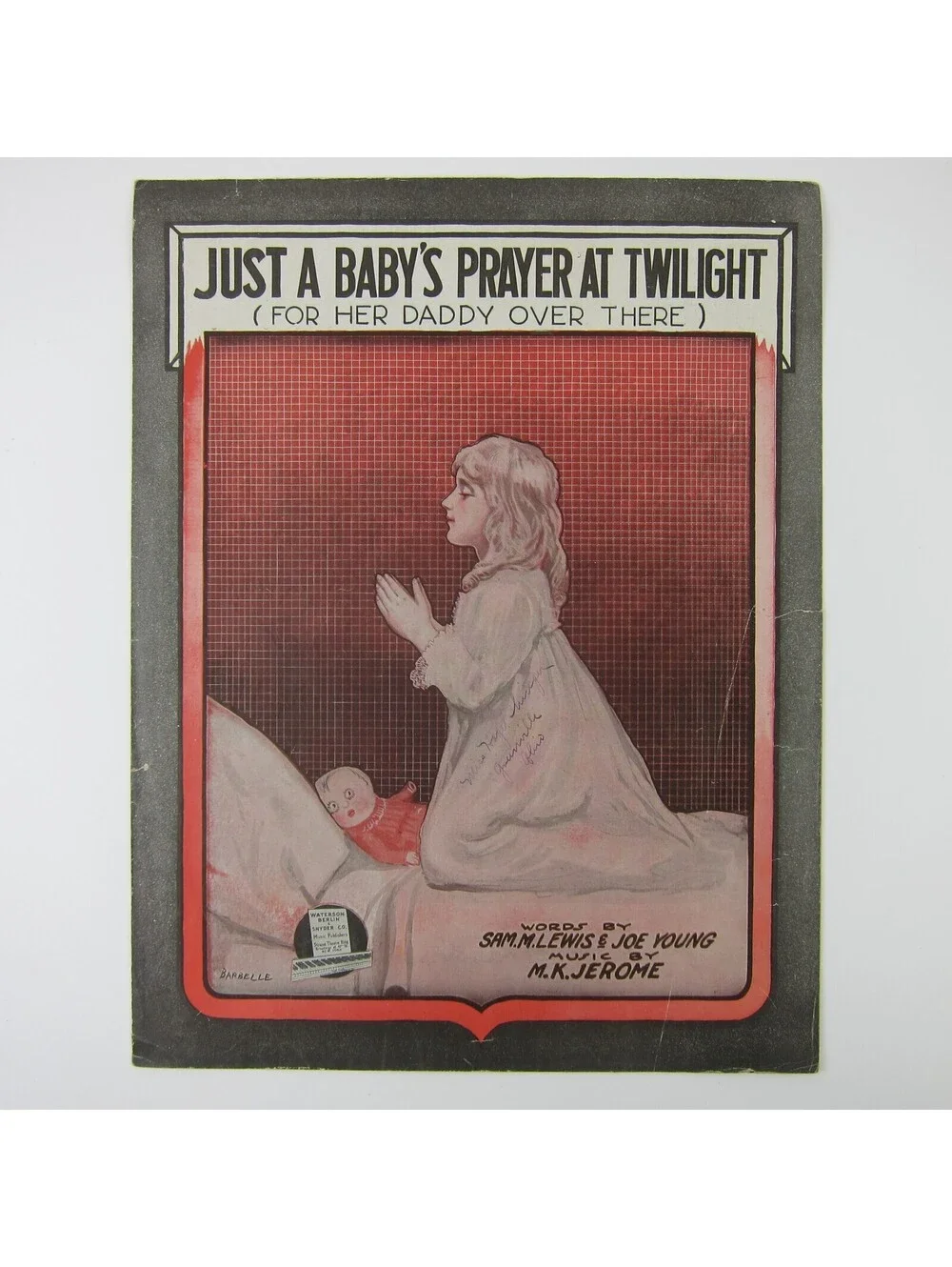 Sheet Music Just a Baby's Prayer at Twilight For Her Daddy Over WWI Antique 1918
